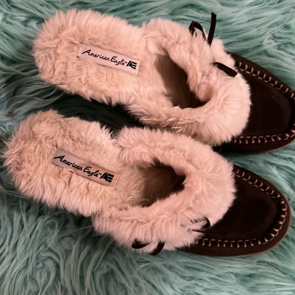 Fur lined wedge slides 8 moccasin clogs brown vegan suede faux sheep whip stitch - Picture 5 of 9